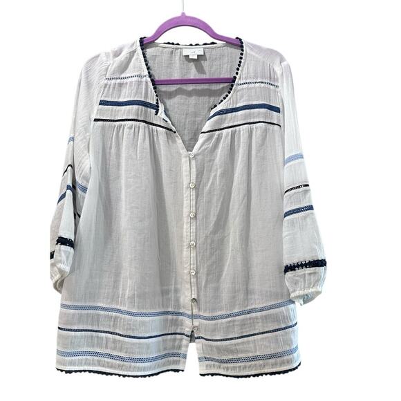 J. Jill Women's White Gauze Blue Pom Pom Tassel Button Semi-Sheer Blouse Size M - Picture 3 of 8